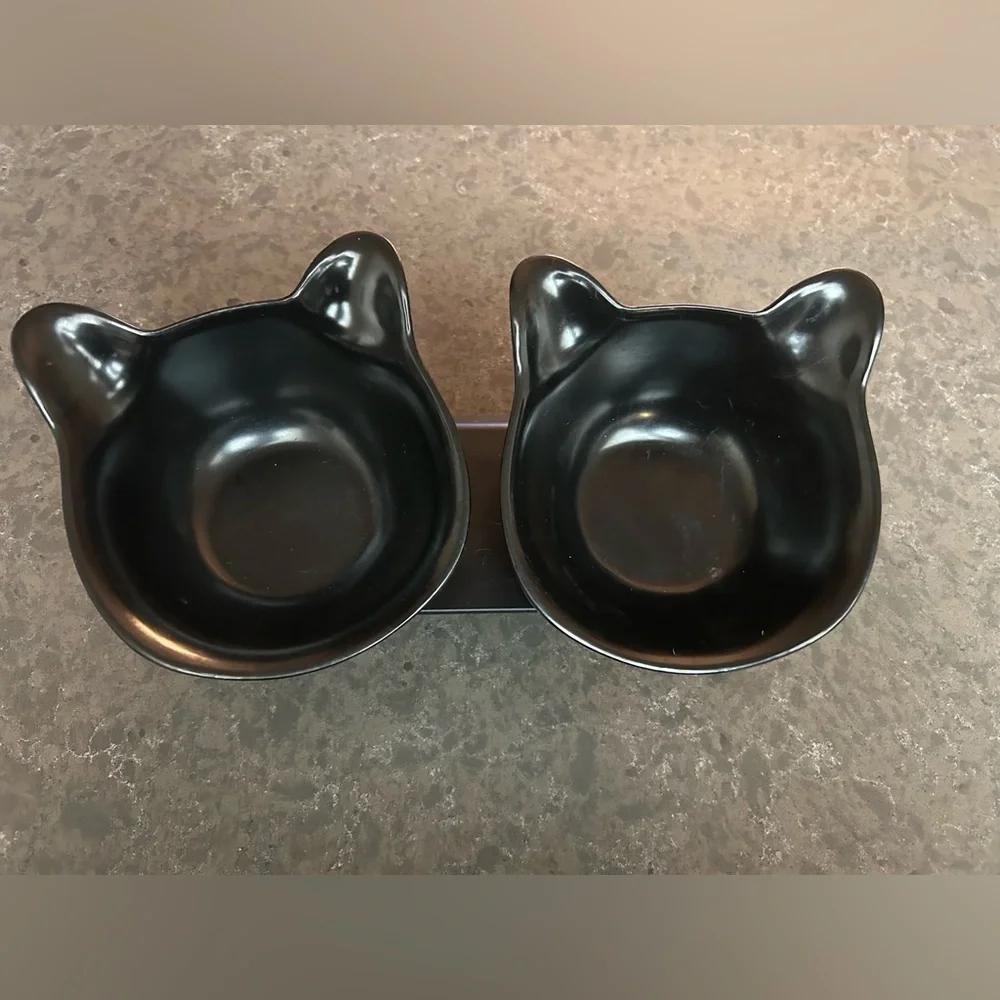 Cat head shaped off the floor bowls for cats (or 🐶 dog!) & NWTs 16”x12” pet mat.